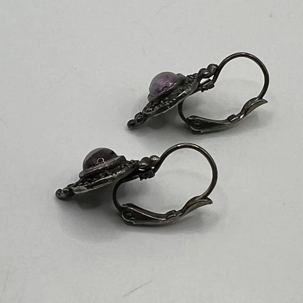 Vintage‎ Pierced Earrings Silver Tone Marcasite Purple Glass Stone